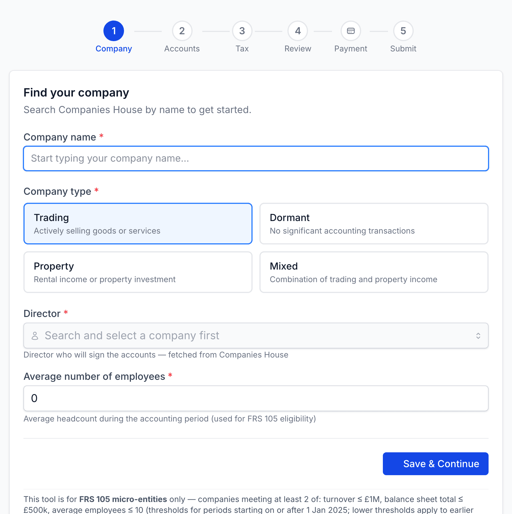 Step 1 of the wizard: searching Companies House for your company and choosing whether it is trading or dormant.